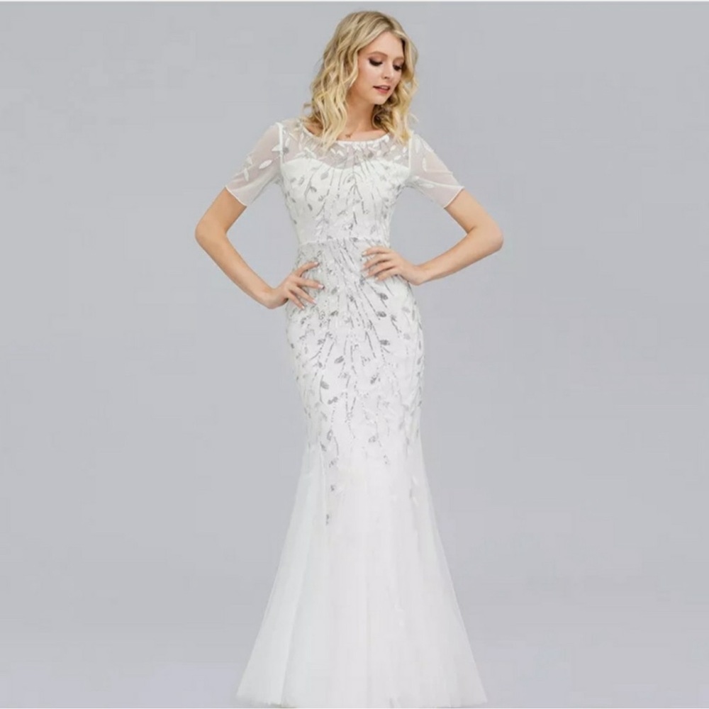 Long White Sequined Prom Dress